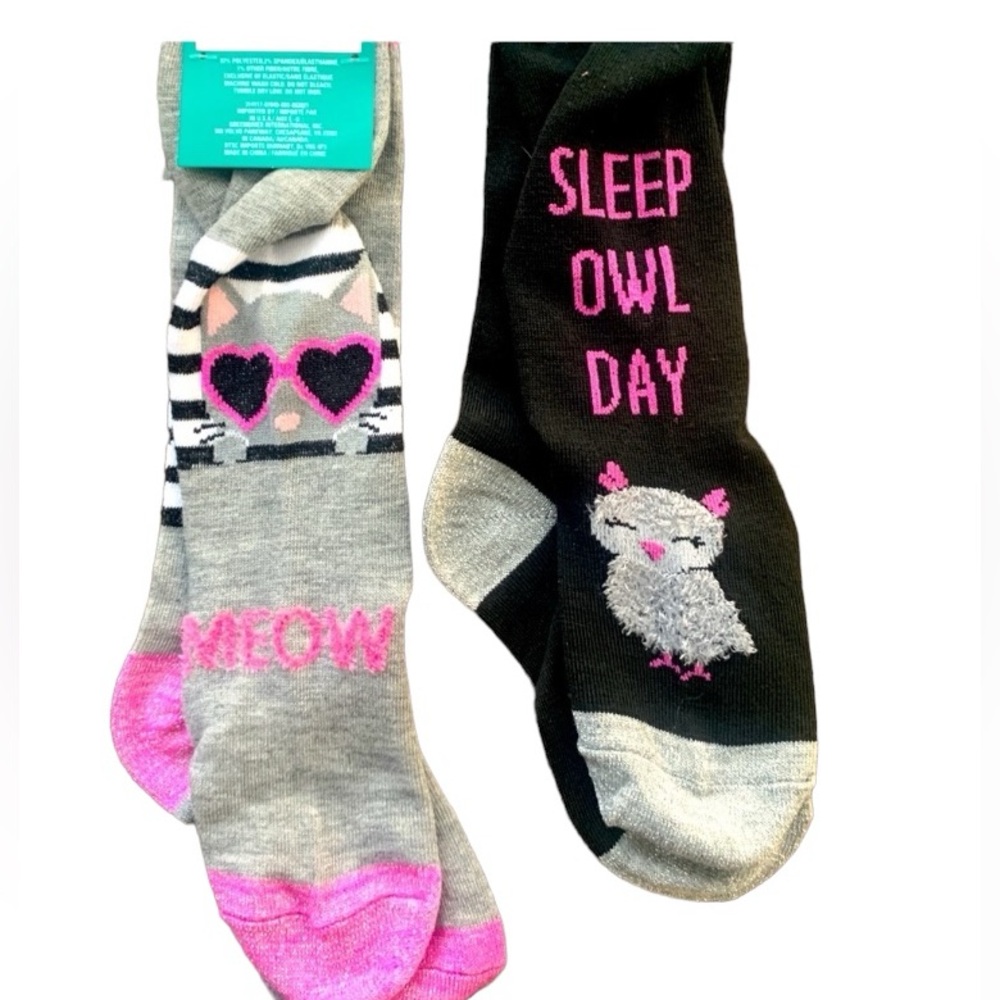 Juncture Animal Print Design Owl Kitty Cat Girls Socks, Kids Size 7 NEW
